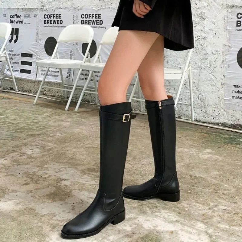 Black Elegant with Low Heels Shoes for Woman Long Brown Womens Boots Winter Knee High Shaft Stylish Lastest Price Goth 250812