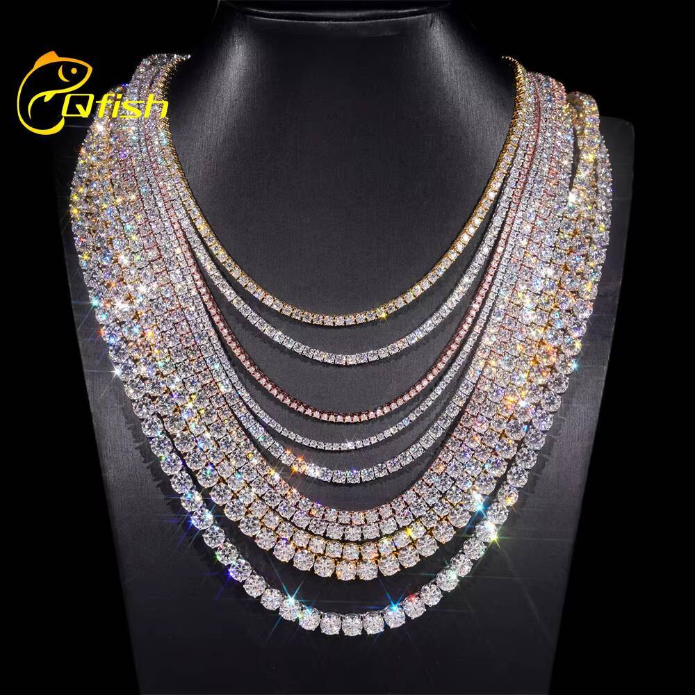 Hip Hop 2mm 3mm 4mm 5mm 925 Sterling Silver Iced Out VVS Moissanite Diamond Cluster Tennis Chain Bracelet Necklace