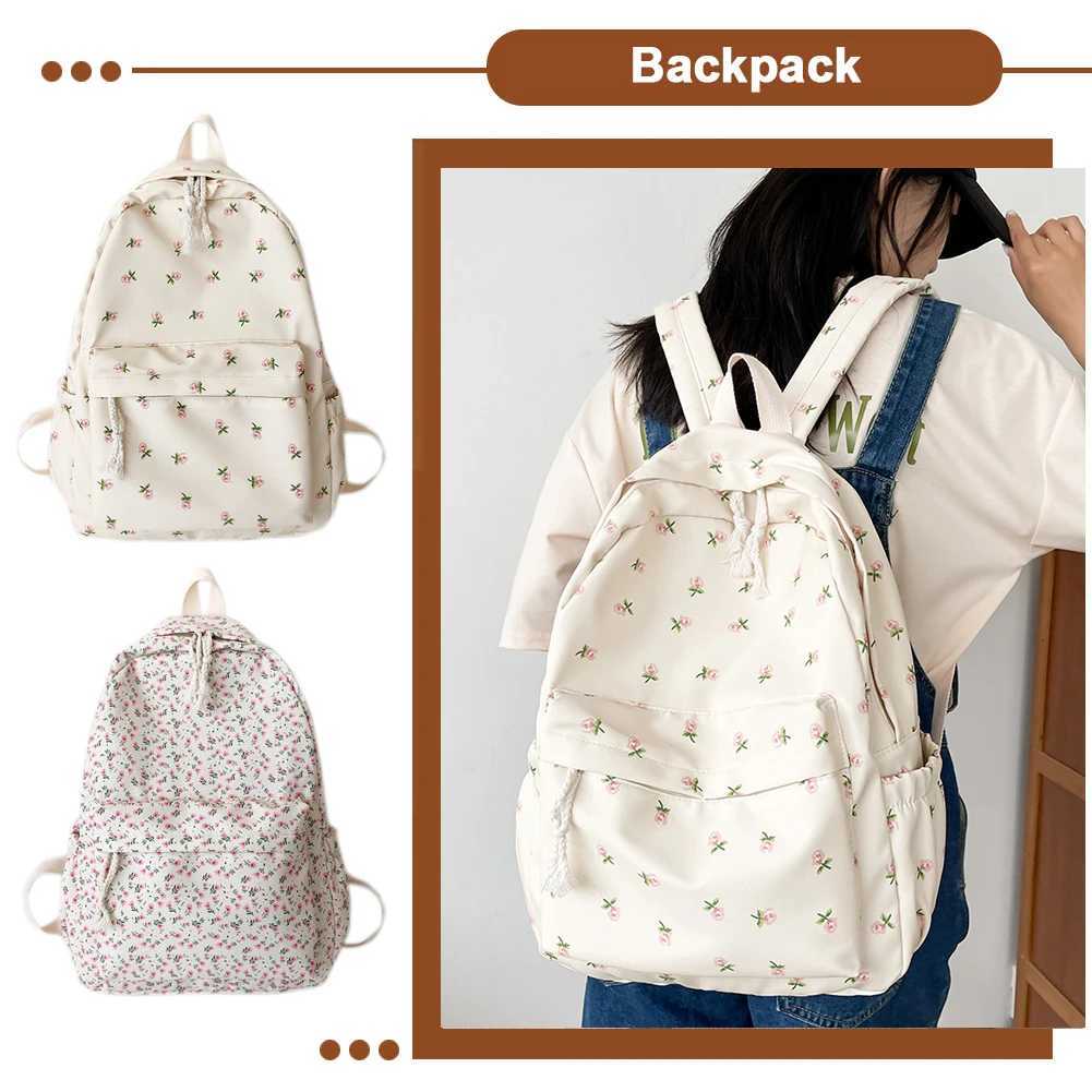 Women Simple Floral Backpack Large Capacity Flower Book Schoolbag Adjustable Strap Casual Floral Backpack Daily Student Bag XJ250814