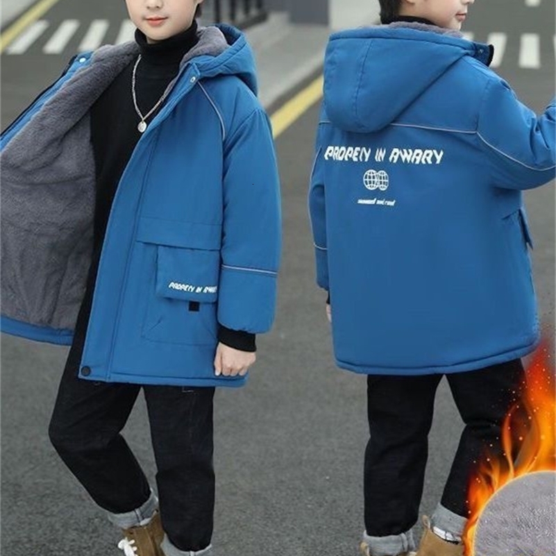 Boys Plus Velvet Outerwear Kids Winter Thicken Warm Overcoat Children Casual Print Jacket Teenager Clothing 250813