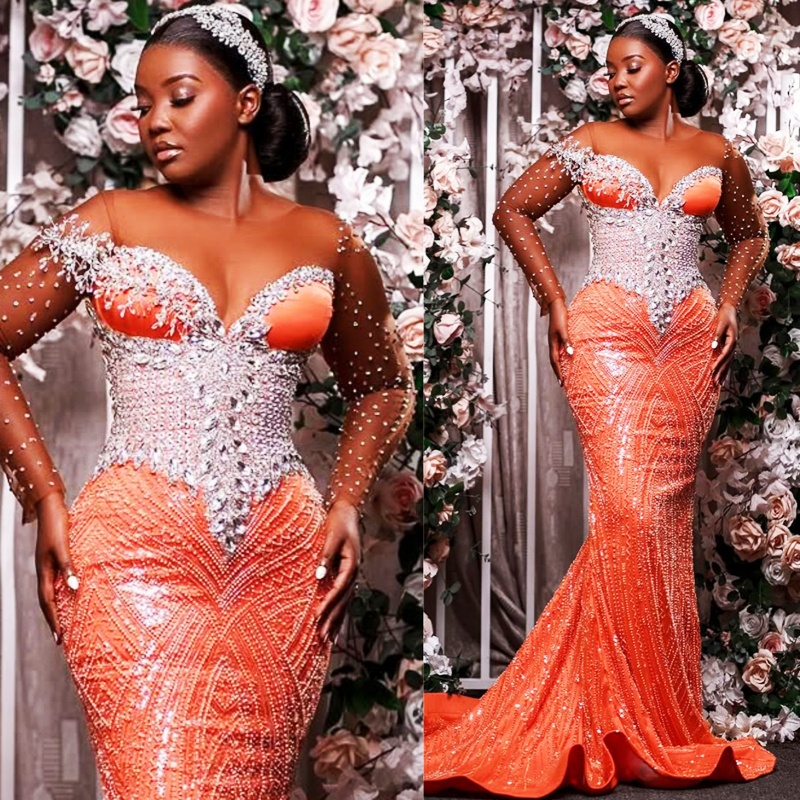 2025 Elegant Orange Mermaid Prom Dresses Aso Ebi Beaded Lace Appliqued Crystals Sheer Neck Long Sleeves Illusion Birthday Dress Second Reception Gown 