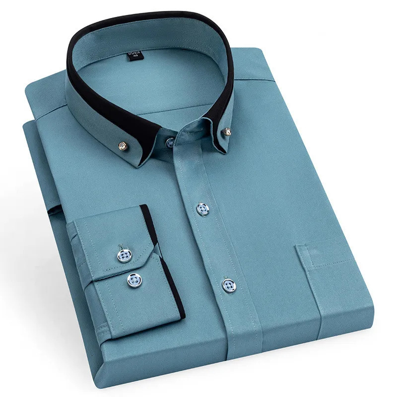 Mens Business Shirt Long Sleeve Spring Autumn Contrast Collar Paired With Diamond Anti Wrinkle Buttoned Pink For Wedding 250813