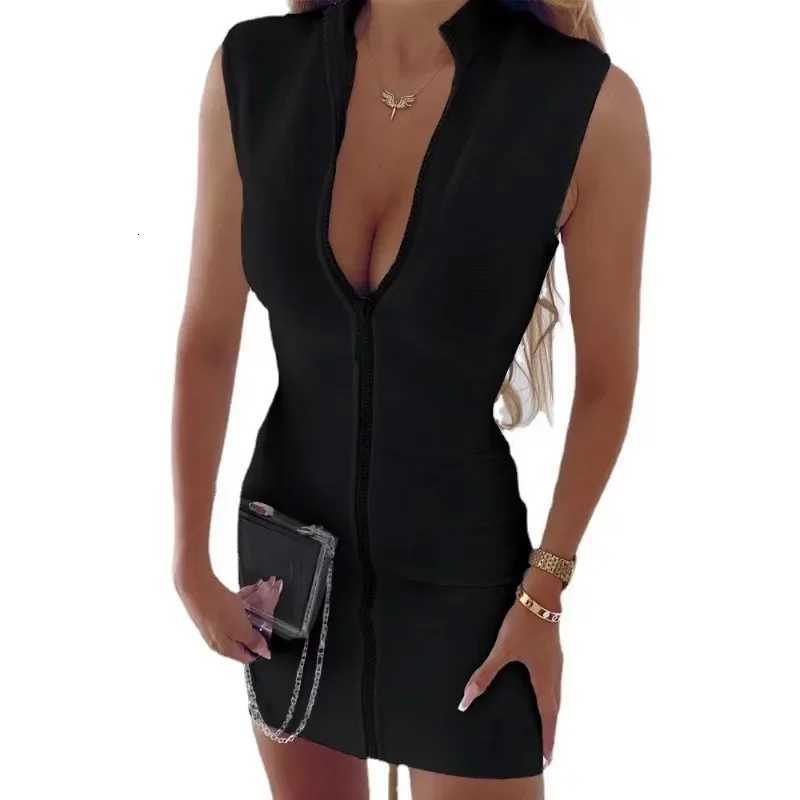Spring Summer New Vest Dress Womens Sexy Solid Color Stand Collar Dress Womens Fashion Sleeveless Zipper Dress XJ250814