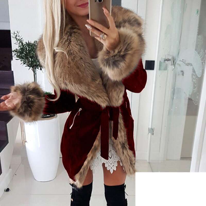 Women Autumn Winter Slim Faux Fur Collar Fashion Cotton Jacket Parka Long Sleeve Warm Coat