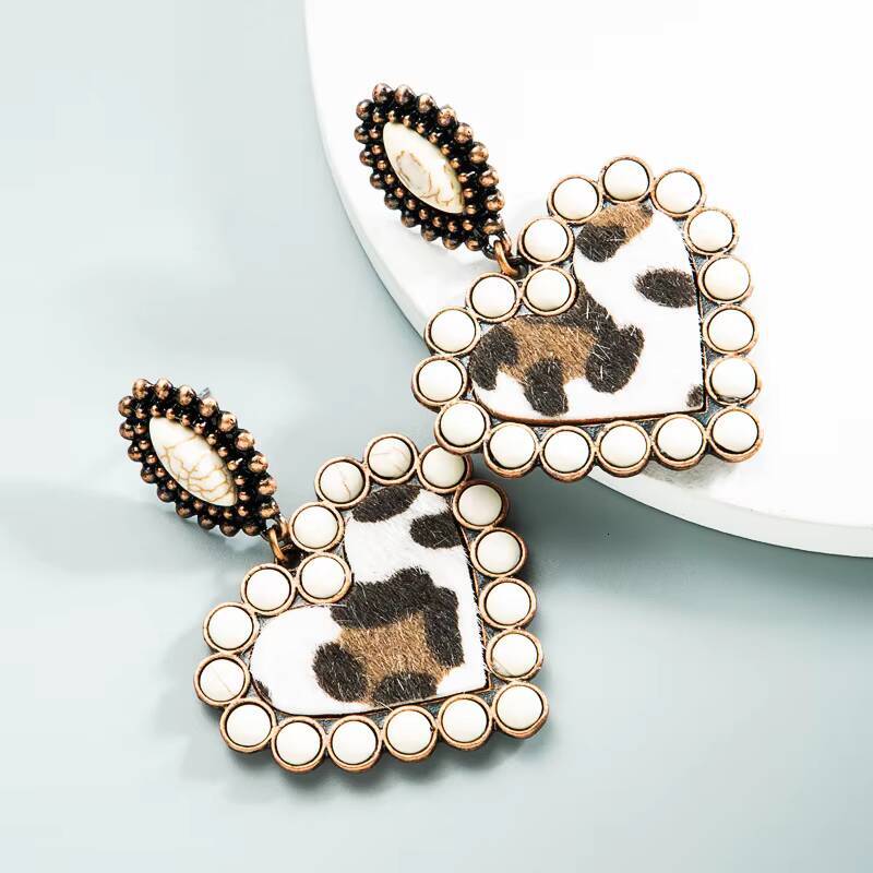 Faux Exaggerated Heart Alloy Set Turquoise Leopard Print Leather Earrings Suitable for Women Uionen 913