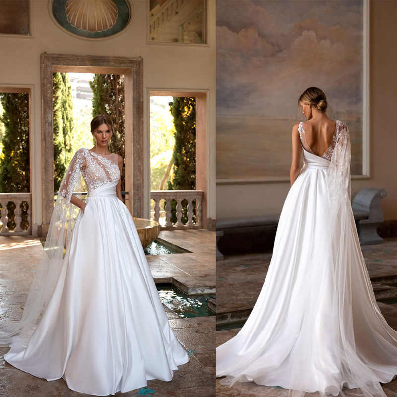Charming Wedding Dress O-neck Backless Sleeveless Appliques Lace Satin Sweep Train Bride Gowns Vestido De Novia