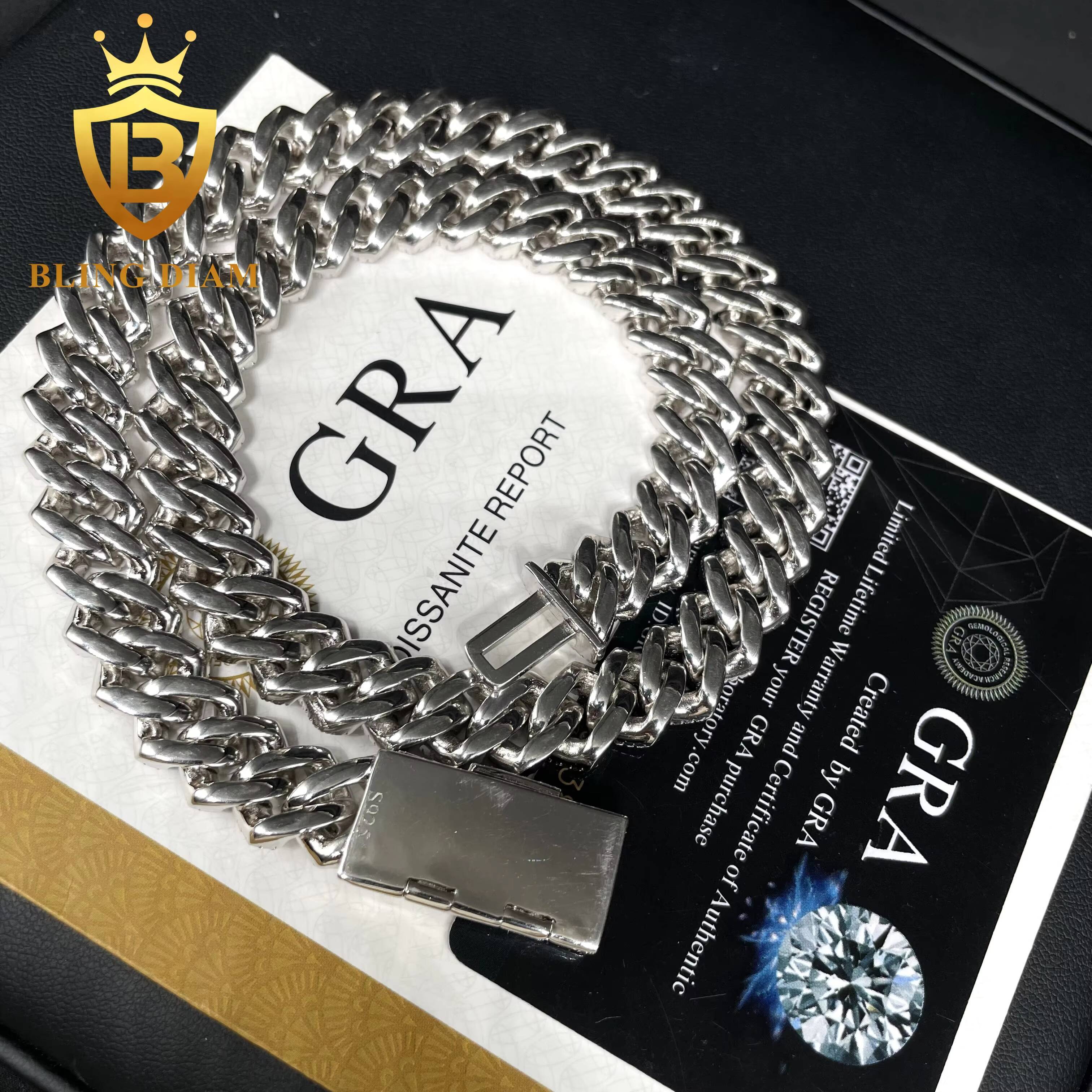 Fashion Hip Hop 12MM Width Cuban Link Chain Sterling Silver 925 VVS Moissanite Diamond Jewelry Men Cuban Necklace