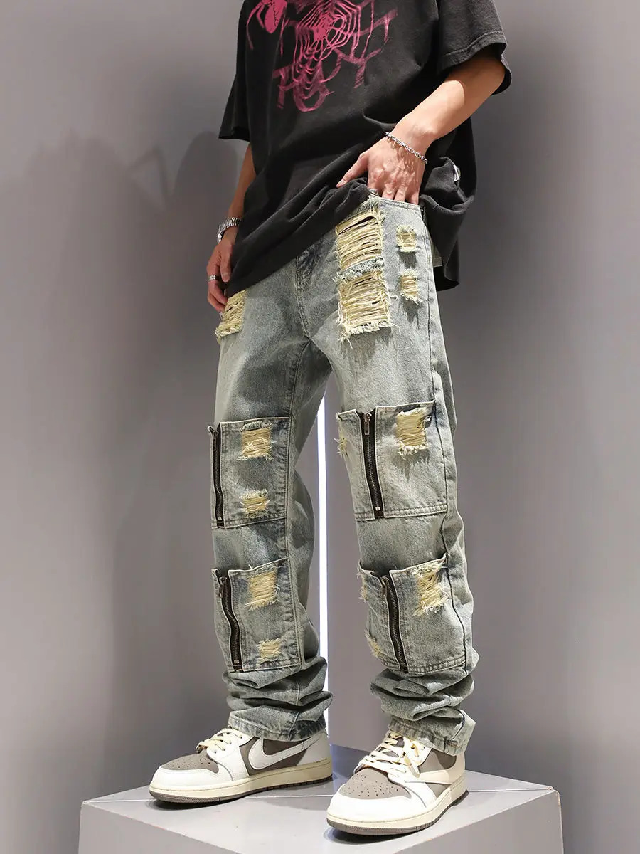 Multi Zipper Pocket Washed and Perforated Jeans for Men and Women Street Personalized Straight Leg Retro Casual Pants y2k 250813