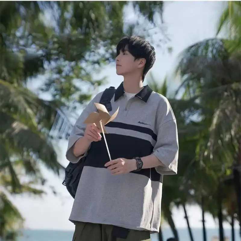 Mens Japanese Retro Polo Shirt Short Sleeved T-shirt Summer Thin Style College Style Casual Lapel Five Quarter Sleeved Top XJ250804