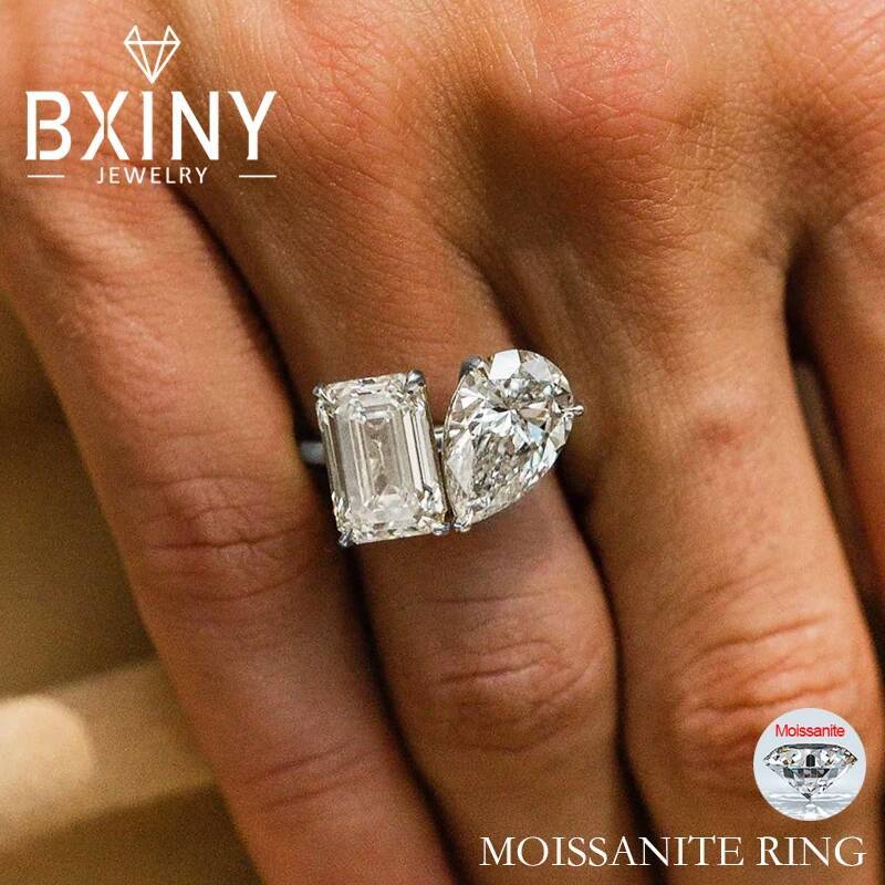 BXINY 4CTTW Emerald Pear Cut Moissanite Rings 925 Sterling Silver for Women 2-Stone Lab Diamond Wedding Band Gift Fine Jewelry