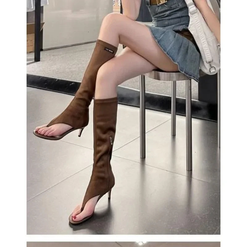 Black Kitten Heel Clip Toe Boots Elastic Soft Microfiber Flip-flops Knee Boots Womens Side Zip Low Heel Thigh High Boots Heels 250812