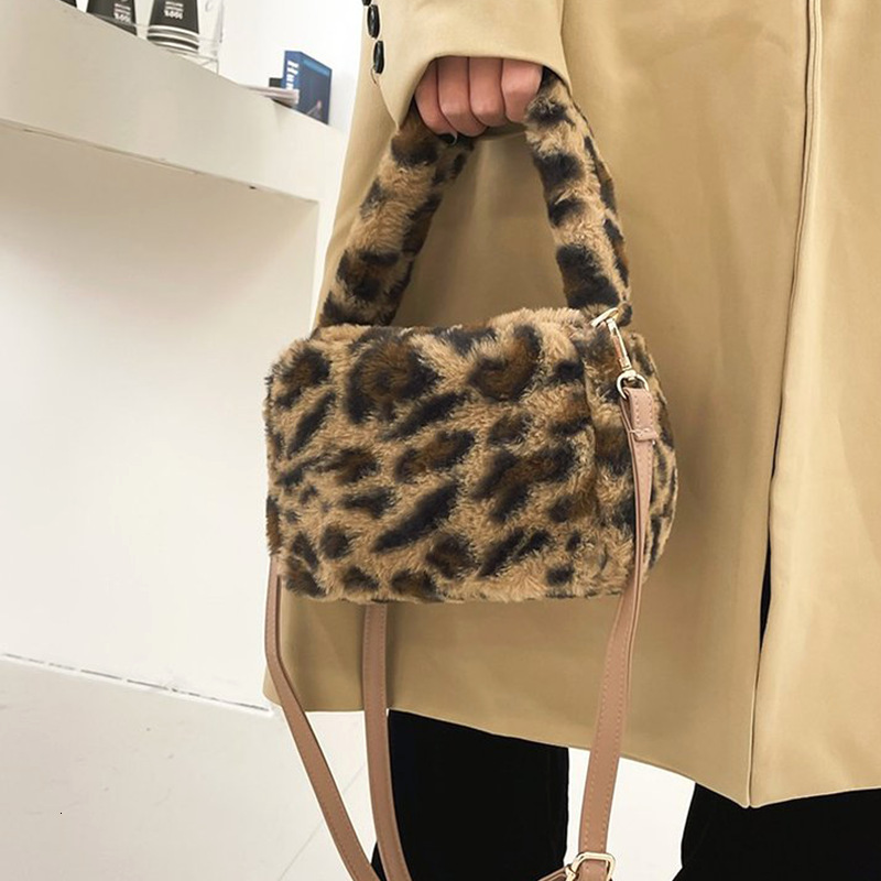 New Plush High-end Pink Leopard Print Furry Handbag for Women Cute Fashion Handheld Crossbody Bag