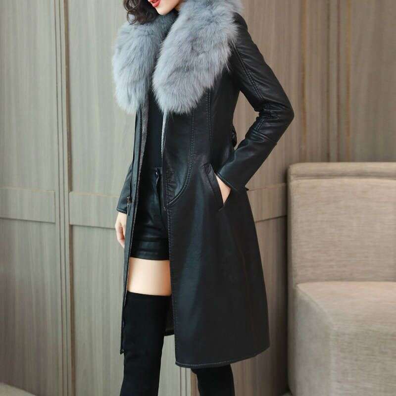 Big Fur Collar PU leather Jacket Autumn Winter Velvet Thicken Soft Faux PU leather Coat Women Korean Long Overcoat
