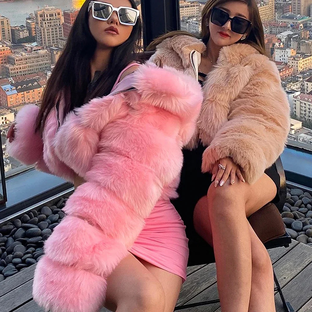 Winter Women Pink Faux Fox Fur Coat Hooded Female Fluffy Artificial Mink Fur Jacket Zipper Outerwear Flocking Cardigan 250813