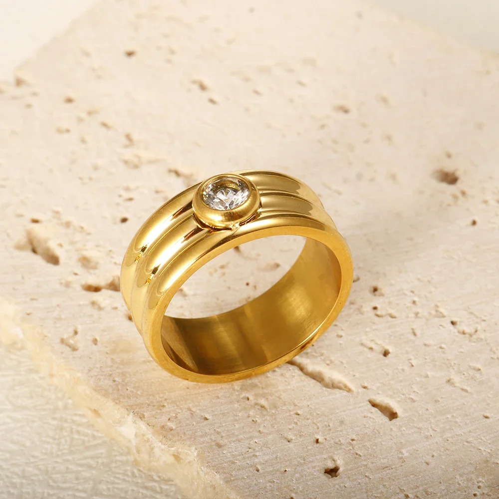 Shiny Crystal High End Non Tarnish Fashion Geometric Open Gold Plated Stainless Steel Rings for Women Wedding Ring Jewelry Gifts 250811