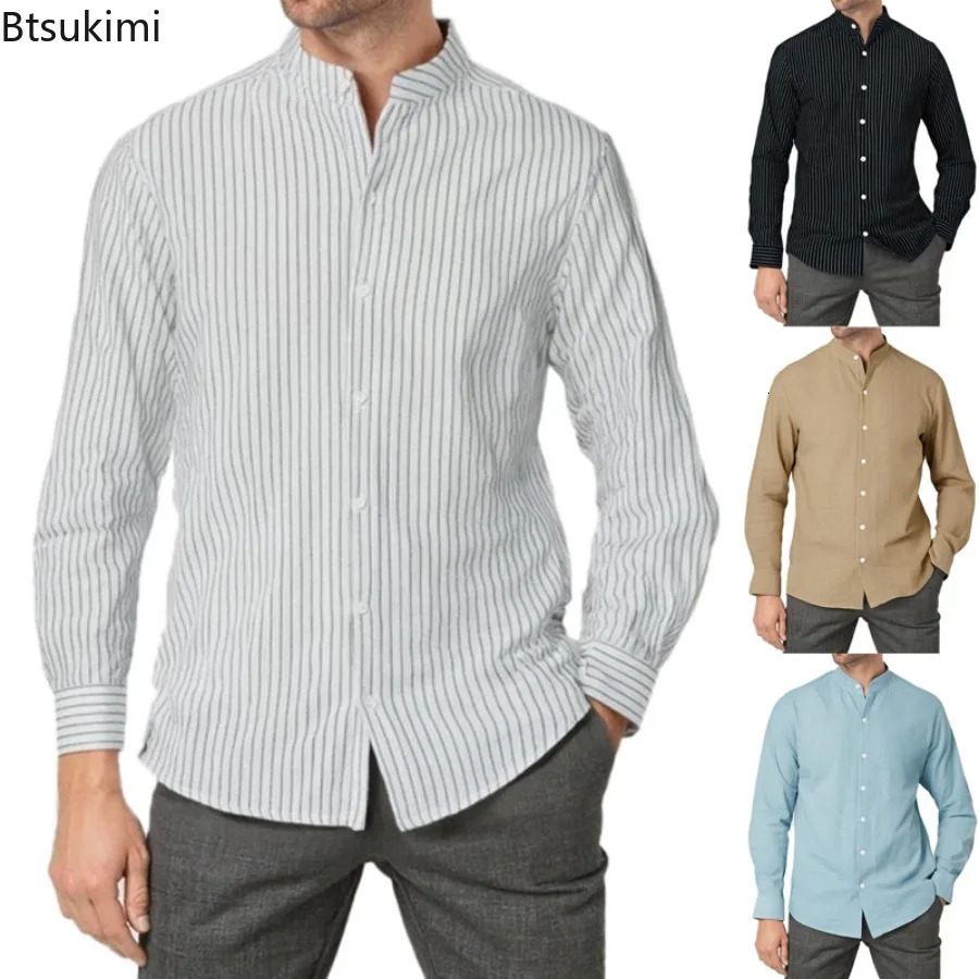 Spring Autumn Mens Casual Shirt Business Style Linen Striped Stand Collar Long Sleeve Cardigan 250813