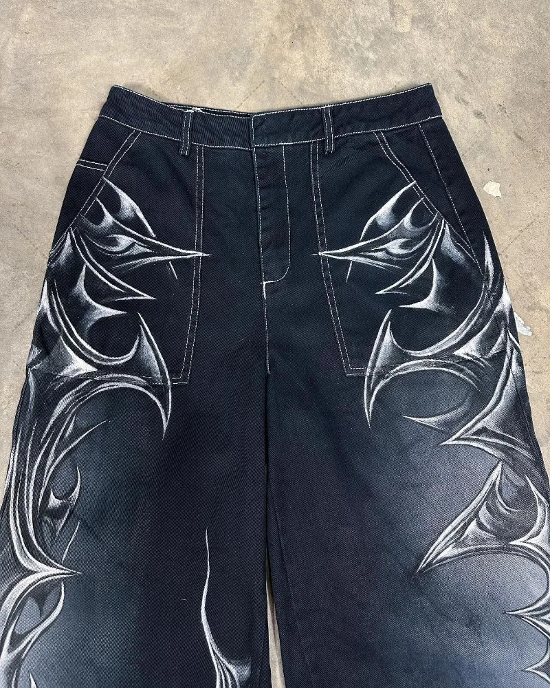 Y2K Harajuku Retro Blade Fashionable Versatile Jeans Men Street Hip-hop Casual Loose Straight Wide-leg Pants Women 250813