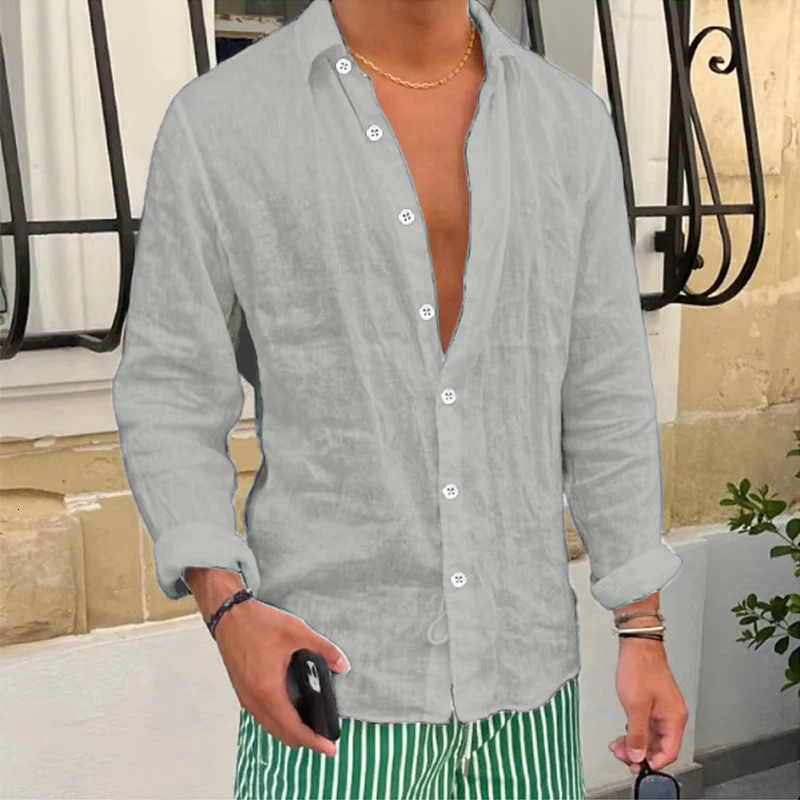 Spring Casual Linen Shirts Mens Long Sleeve Buttonup Turndown Collar Shirt Seaside Beach Vintage Men Solid Color Cardigans 250813