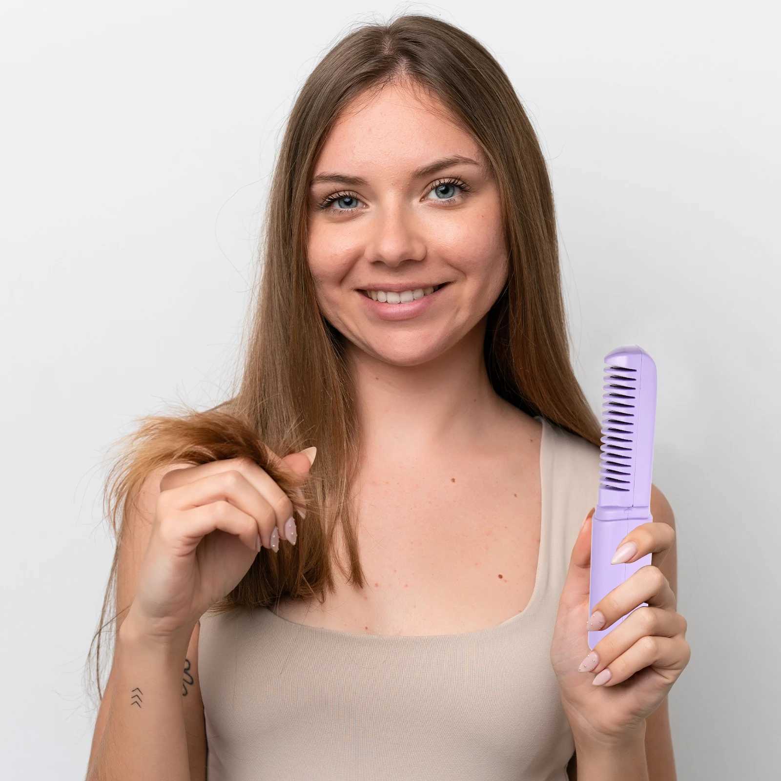 Mini Portable Cordless Hair Straightener Comb USB Rechargeable Heated Brush for Travel Styling Scalp Massage Tool W250814