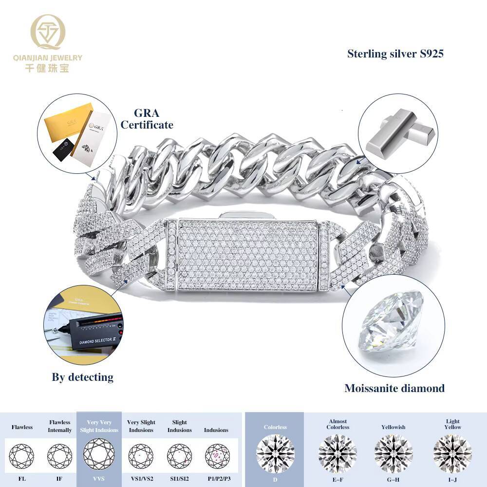 Qian Jian Hiphop Fashion Jewelry Sterling Sier Link Chains VVS 6mm Iced Out Moissanite Dia Cuban Chain for Men's