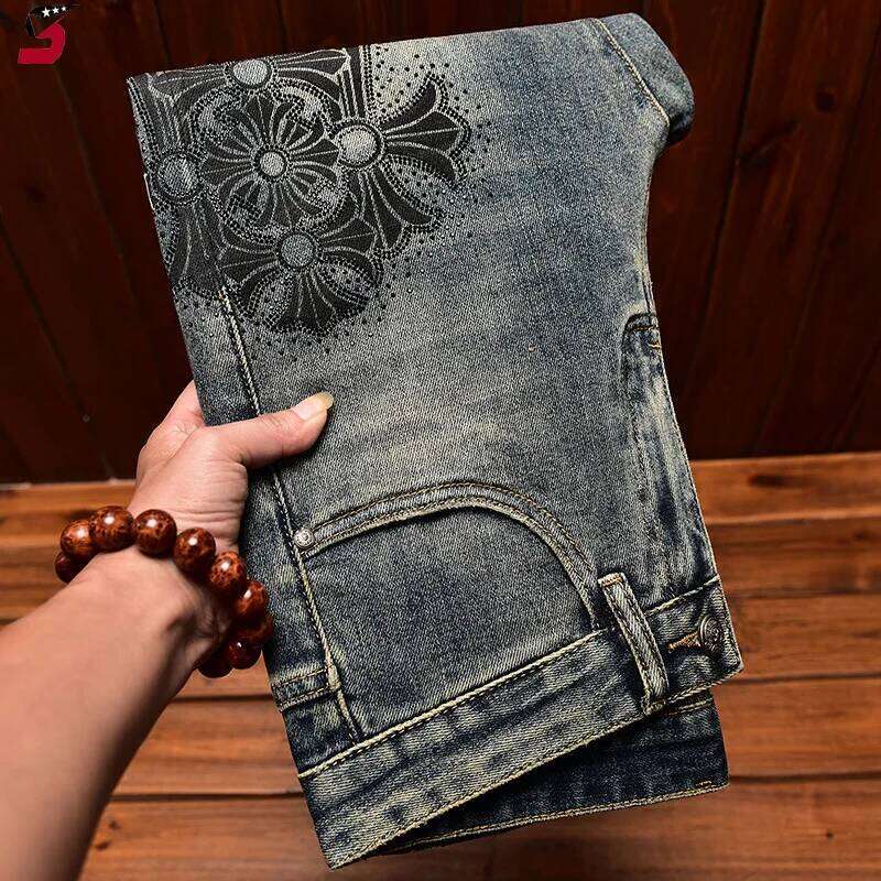 High-End Jeans Men's Autumn and Winter Trends Hole & Patch Light Printed Stretch Slim Fit Skinny Smart Trousers