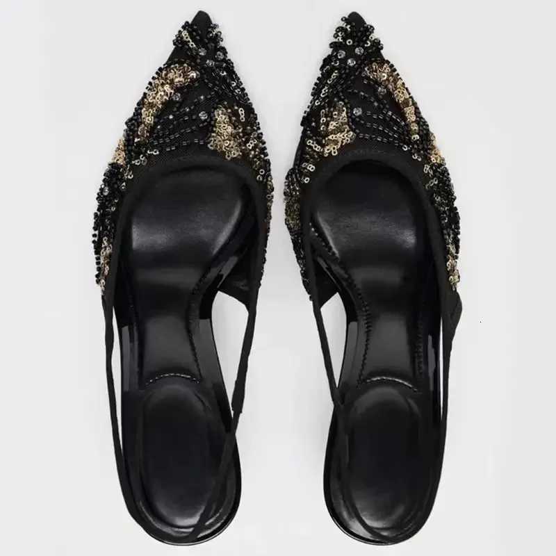 Fashion Mesh String Bead Embellished Design Heels Women Elegant Pointed Toe Back Strap Slip-On Sandals Black Party Dress Shoes W250814