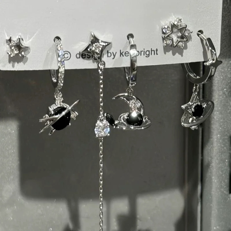 6PCS Set Goth Red Crystal Star Heart Black Pentagram Pendant Earring For Women Vintage Aesthetic Trendy Y2K Jewelry Accessories 250812