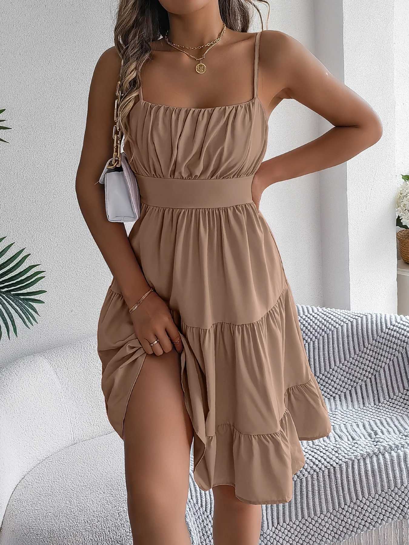 Casual Vacation Ruffled Camisole Dress Spring Summer Womens Solid Dresses for Women XJ250814