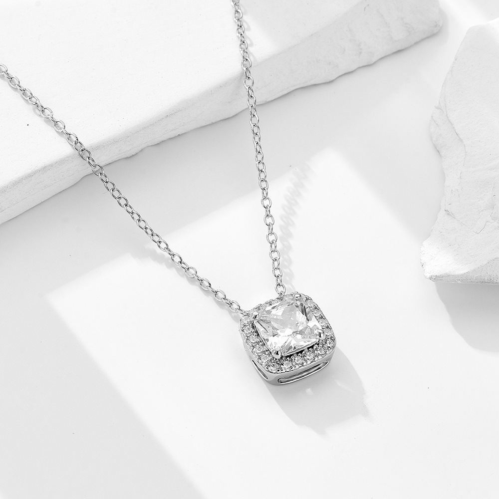 S Pure Sier Fashion Geometric Square Zircon Pendant for Women Simple Ins Versatile Necklace Collarbone Chain Jewelry for Women