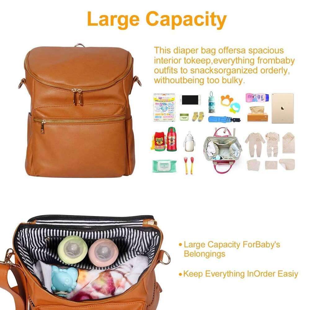 Diaper Leather Women Travel Backpack Baby Bag Large with Troller Straps Capacity for Wet Clothes