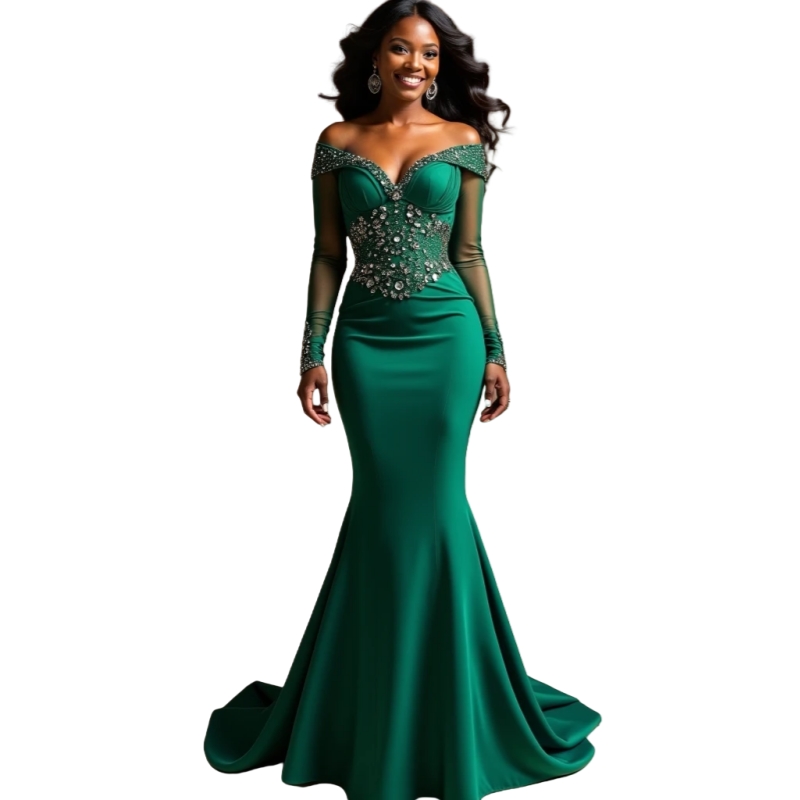 Elegant Emerald Green Mermaid Evening Dresses Off Shoulder Long Sleeves Crystals Beaded Satin Formal Occasion Gown African Prom Dress