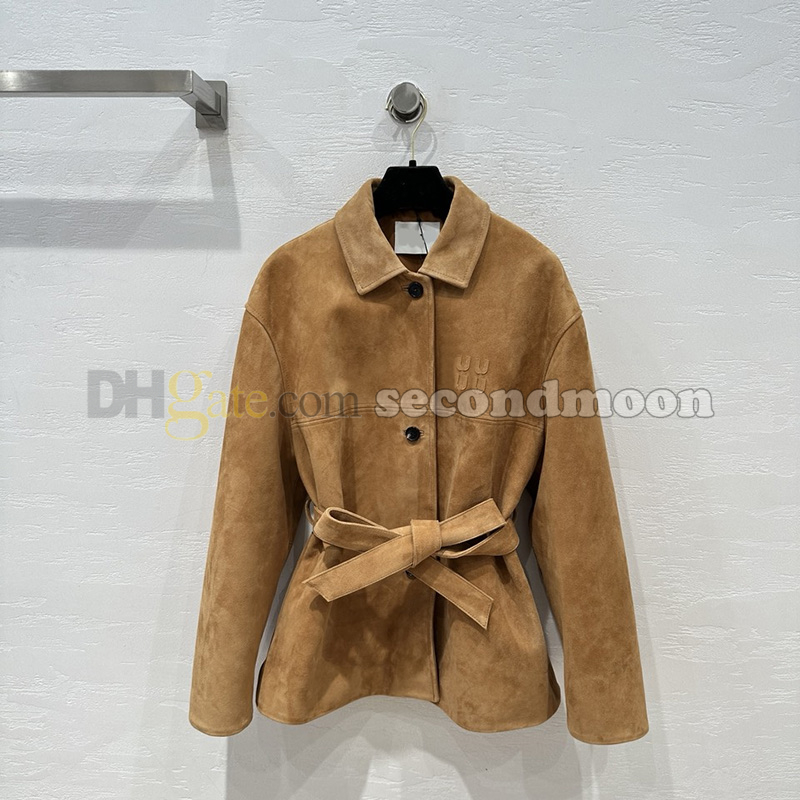 Women Suede Jacket Winter Windproof Jackets With Waistband Street Style Long Jackets Windbreaker