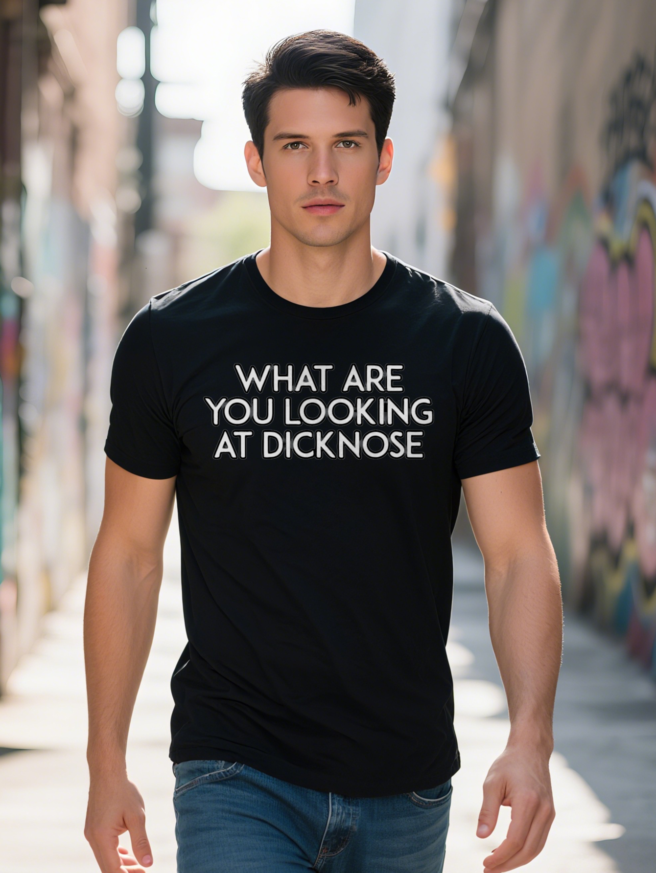 Men S Black Casual Crew Neck T-Shirt with Bold White Letter Print WHAT ARE YOU LOOKING AT DICKNSE Design Lightweight