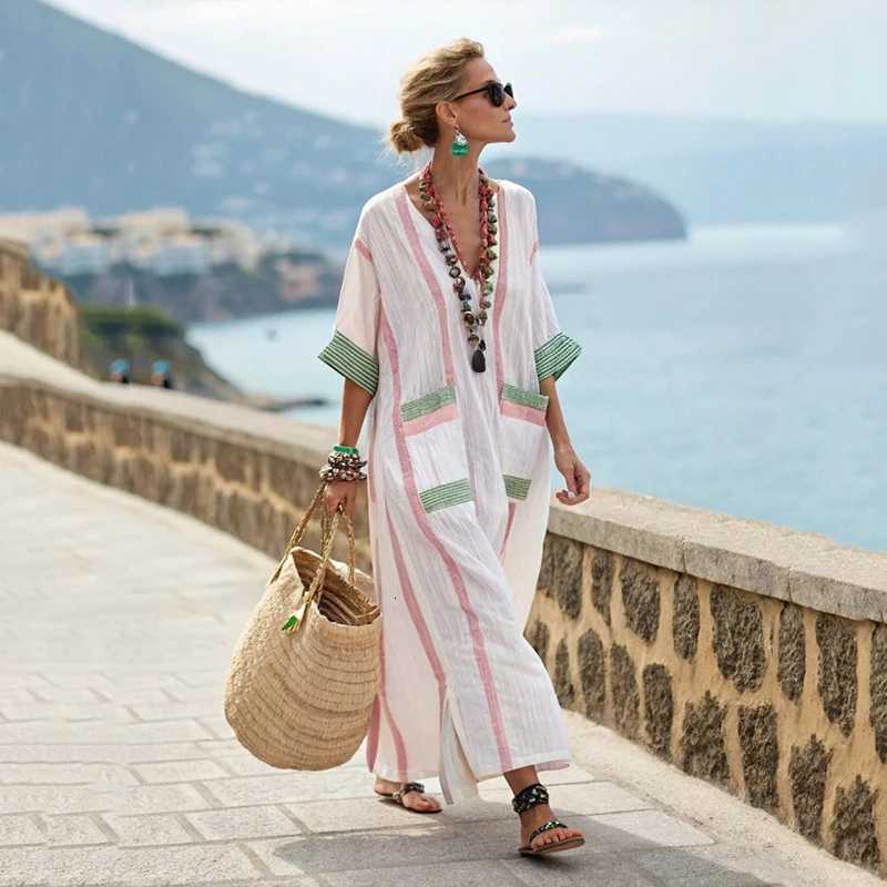 Summer Ele Loose Long Dresses for Women New Casual V Neck Short Sleeve Geometric Printing Splicing Pocket Loose Waist Dress XJ250814