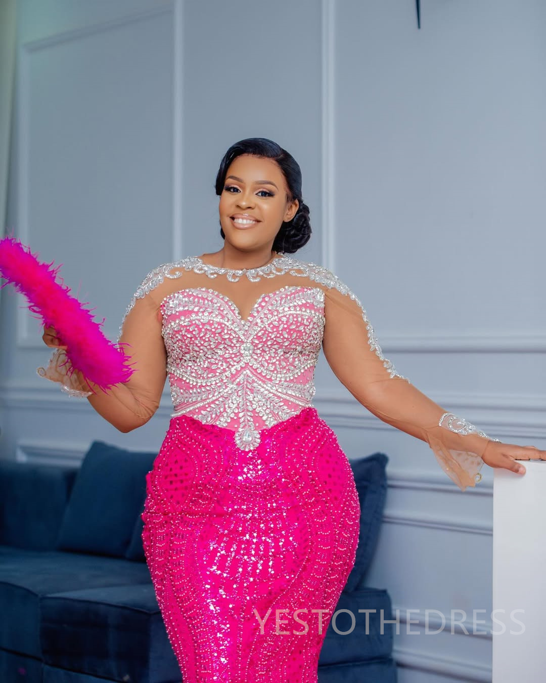 2025 Plus Size Fuchsia Mermaid Prom Dresses Aso Ebi Beaded Lace Appliqued Crystals Rhinestones Long Sleeves Illusion Birthday Dress Second Reception G