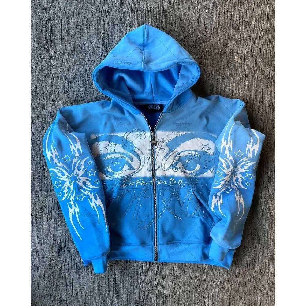 Y2k Haruku Retro Eye Pattern Casual Loose Zipper Hoodie Men American Street Hip-Hop Fashion Punk Oversized Sweatshirt Women