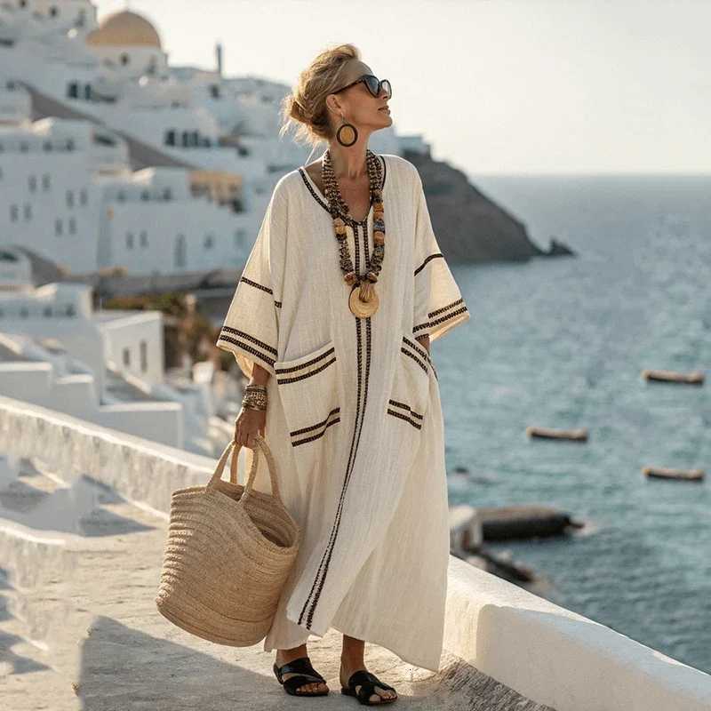 Summer Ele Loose Long Dresses for Women New Casual V Neck Short Sleeve Geometric Printing Splicing Pocket Loose Waist Dress XJ250814