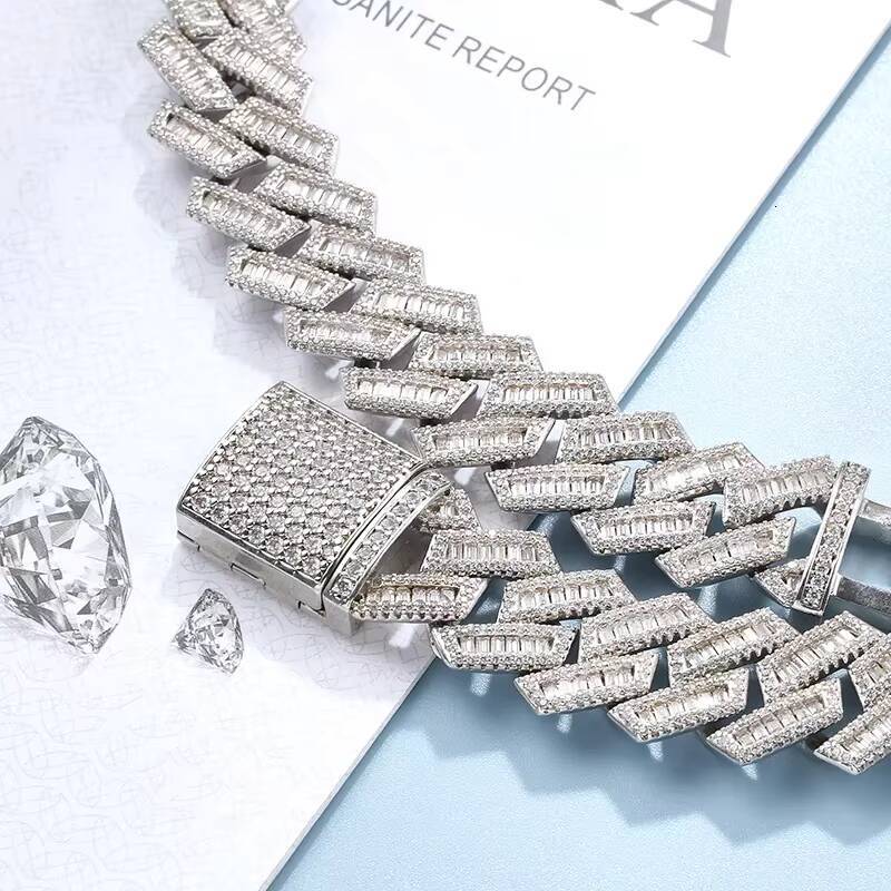 Luxury Hip Hop Jewelry Moissanite Cuban Necklace Ice Out 925 Silver baguette 18/20/22 Inches Moissanite Cuban Link Chain