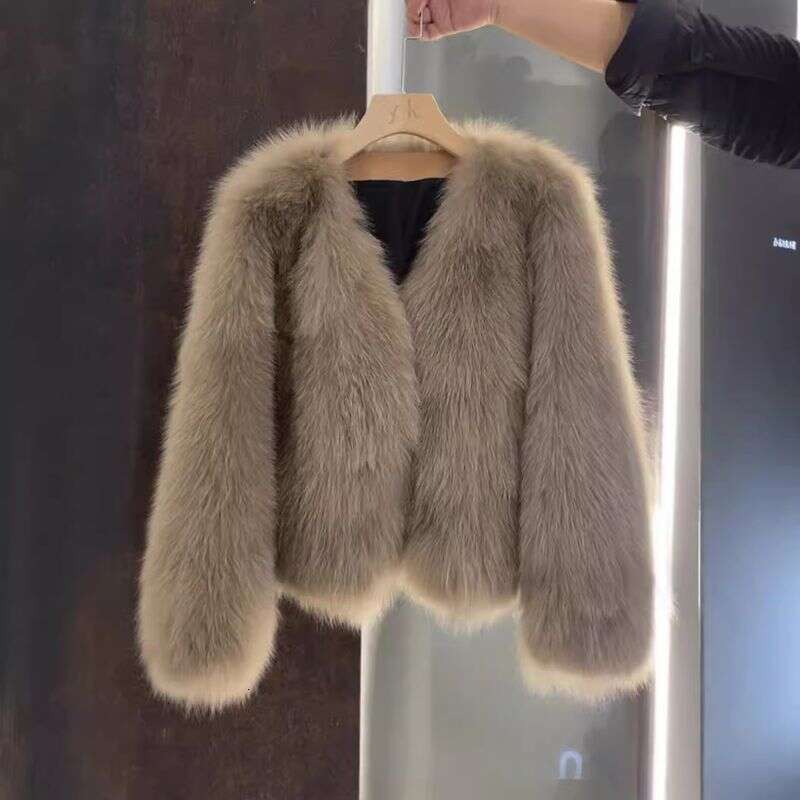 Ladies Solid Fake Fur Coat Fashion Sweet Short Thick Warm Elegant Vintage Jacket s Women V-collar Open Stitch