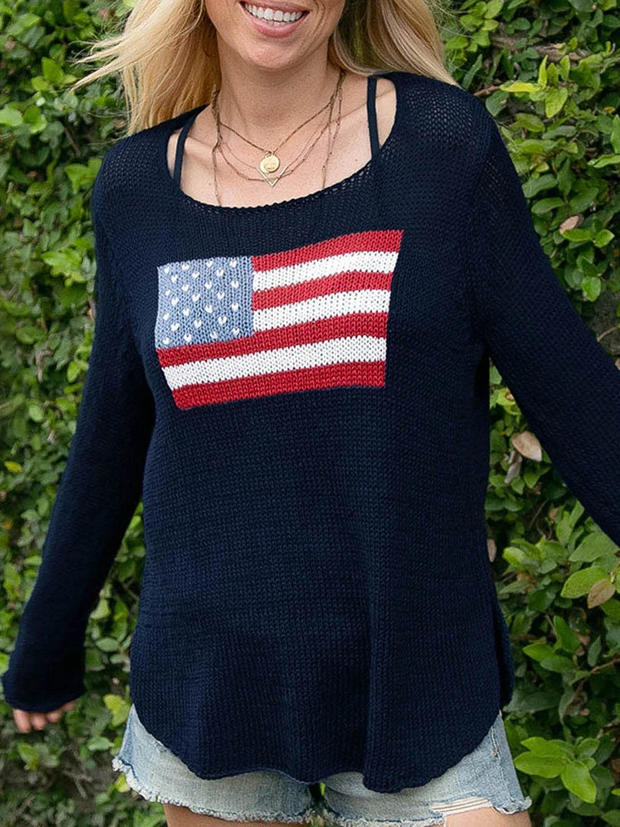 Women s Spring Autumn Knit Sweater Long Sleeve Crewneck Flag Print Loose Fitting Knitwear 250808