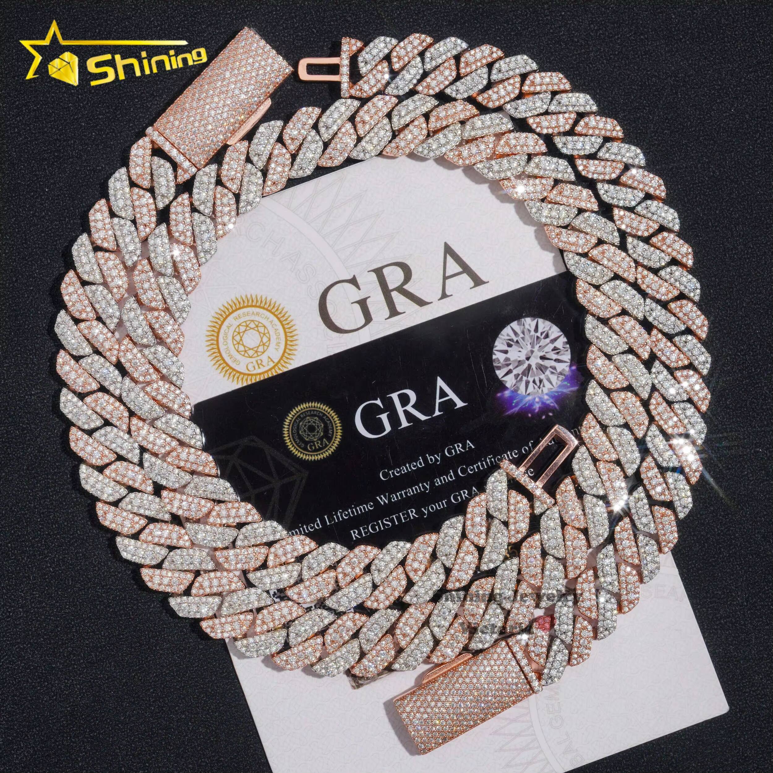 Rose Gold Plated Two Tone Iced Out 13mm Sterling Sier Pass Dia Tester Hip Hop Jewelry Vvs Moissanite Cuban Link Chain