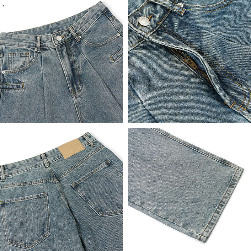 American Style Washed Vintage Loose Jeans Unisex Straight Vibe Wide Leg Pants B5