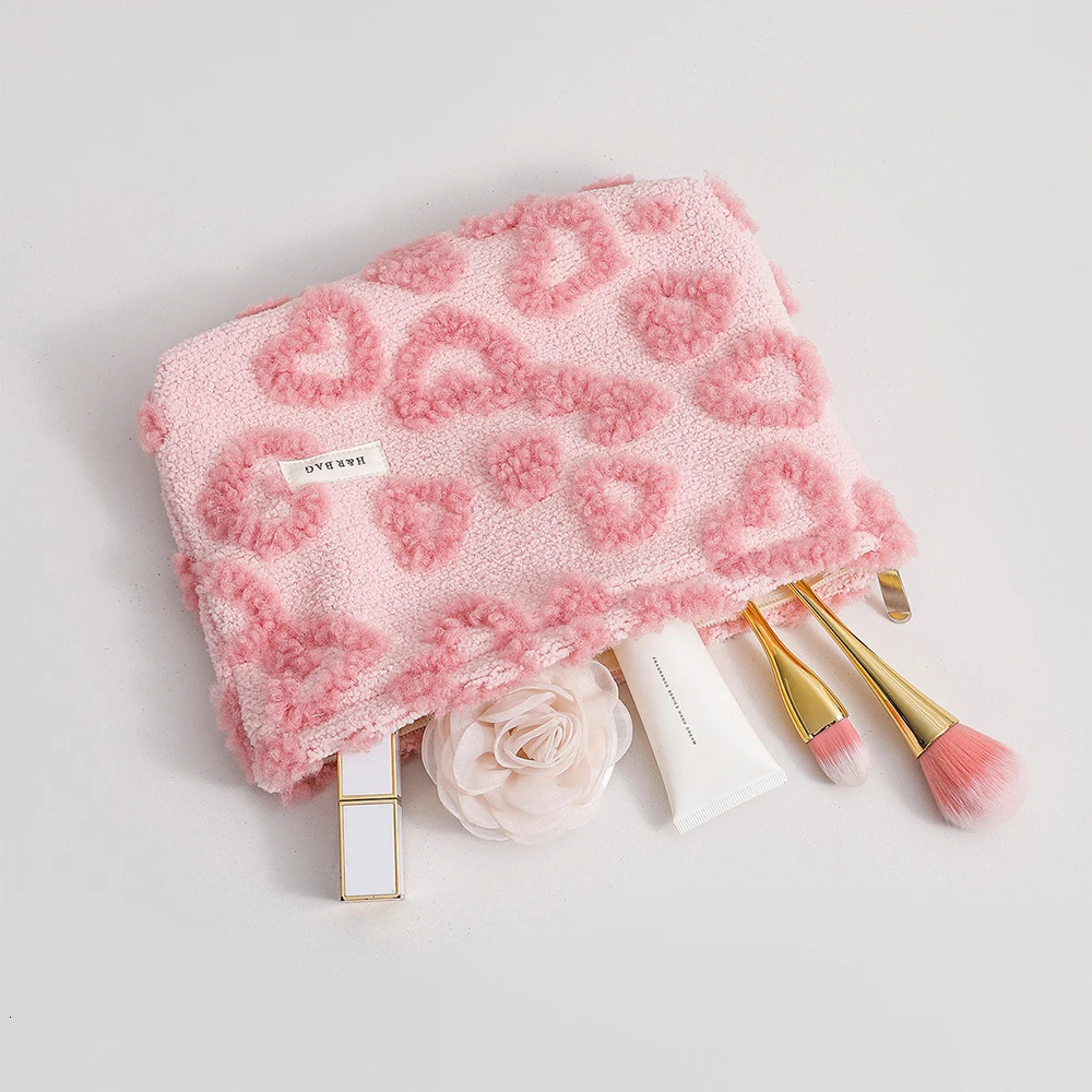 Plush Cute Pink Love Makeup Bag Portable Skincare Product Lipstick Storage Bag Hand-held Inner Bag Korean Brush Pencil Cases 250812