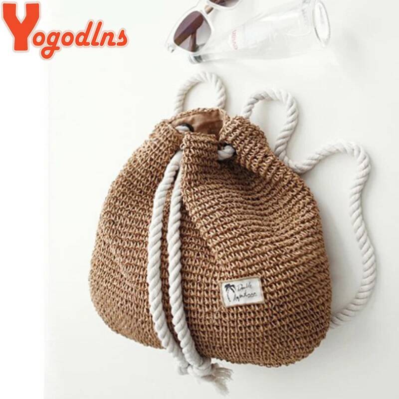 Yogodlns New Summer Women Straw Backpack Handmade Beach Drawstring Knapsack Knitted Crocheted Shoulder Travel Bag high-quality