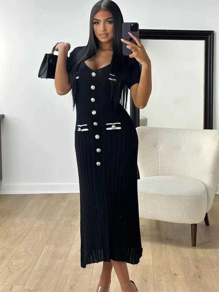 Office Lady Knitted Long Dress Summer Short Sleeve V Neck Single Breasted Bodycon Dresses Women Party Fashion Dresses XJ250814