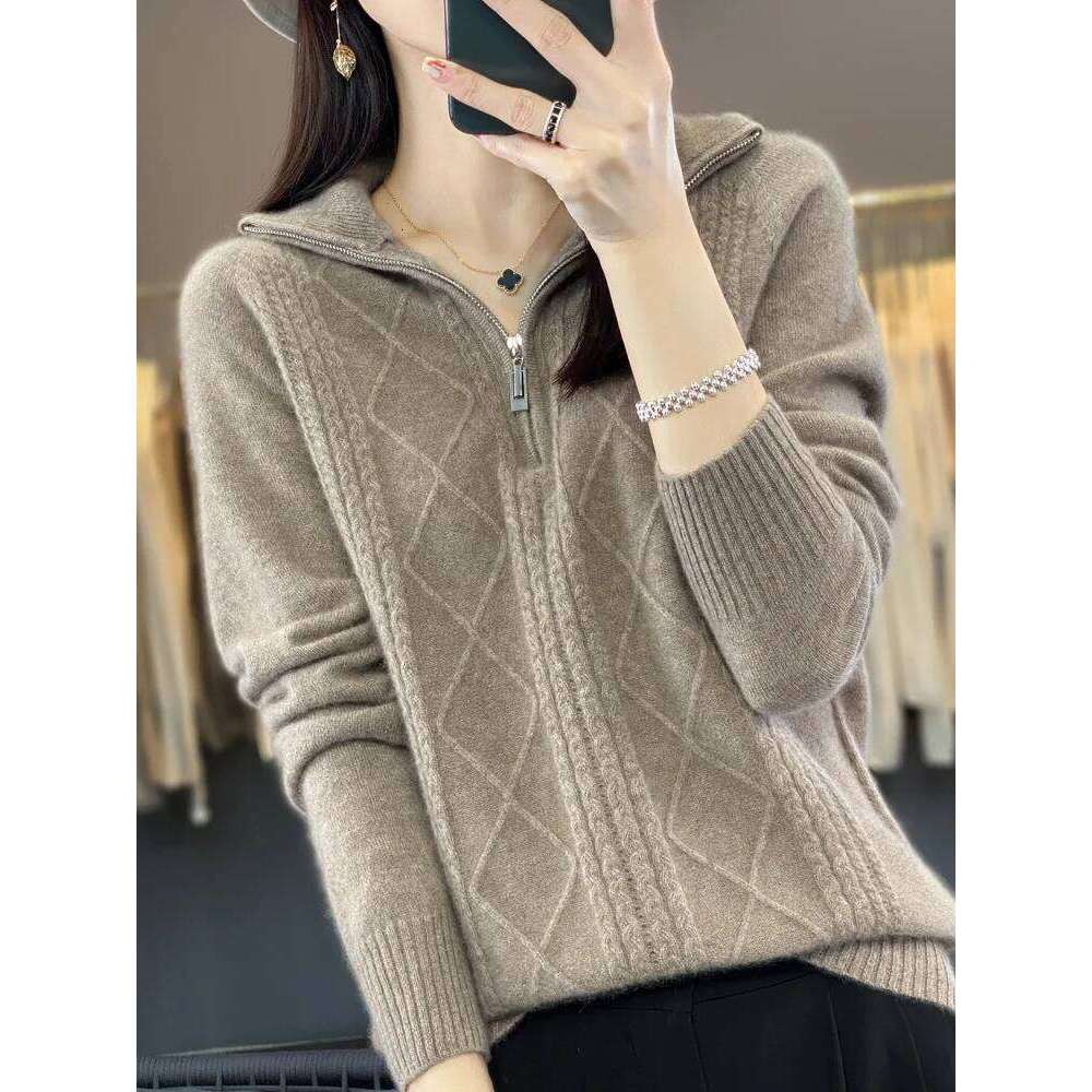 Women 100% Merino Wool Sweater Turtleneck Twisted Zipper Half Open Neck Pullover Autumn Winter Thickened Casual Knit Loose Tops 20250809