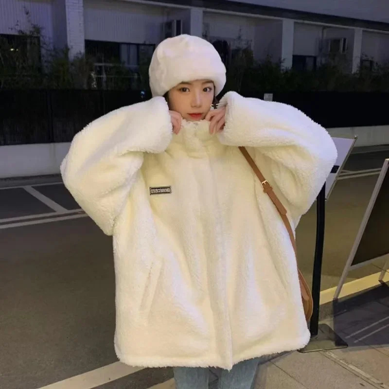 Autumn Winter Womens Jacket Lamb Fleece Plush Oversize Loose Couple Warm Hooded Ropa Mujer Sudaderas Y2k Coat Jackets 250813
