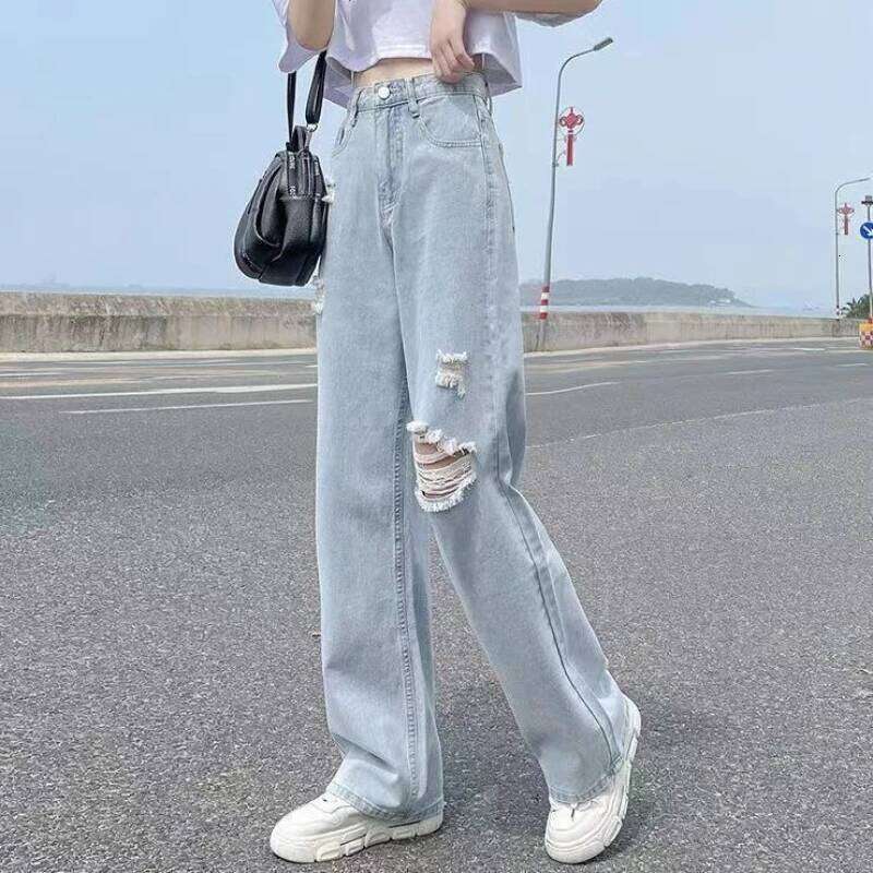 Pierced High Waist Jeans Women's Spring and Summer Straight Tube Loose 2022 New Fashion Casual Thin Wide Leg Pants