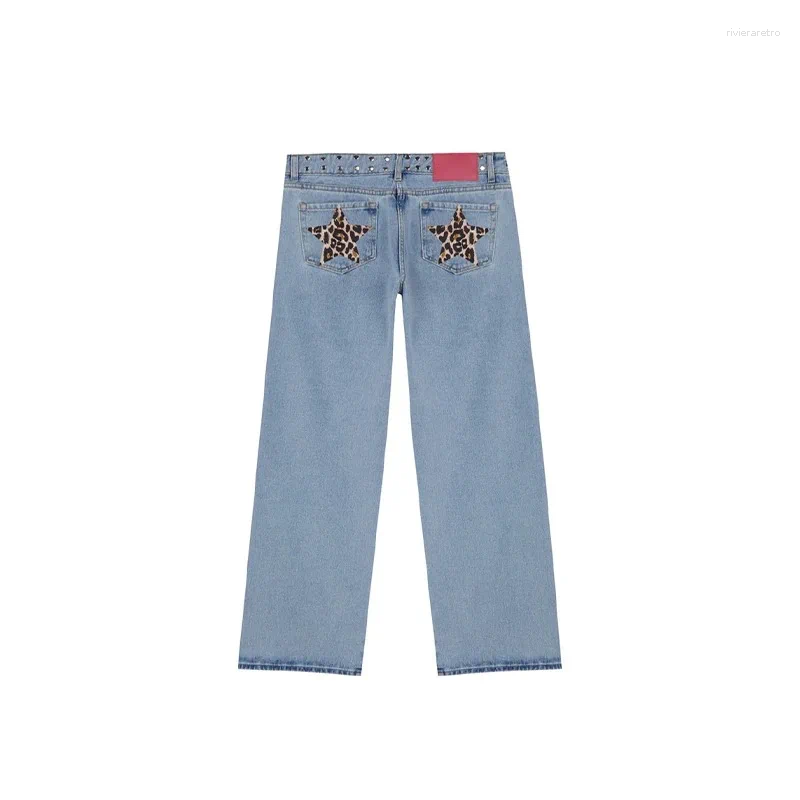 Women's Jeans Women Y2K Vintage Patchwork Leopard Star Pattern Metal Rivet Female Baggy Casual Straight Leg Pants Clothing Z260313