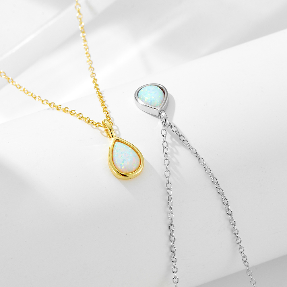 S Pure Sier Geometric Pear-Shaped Opal Necklace Light Ins High-End Simple Water Drop Pendant Collarbone Chain Jewelry for Women